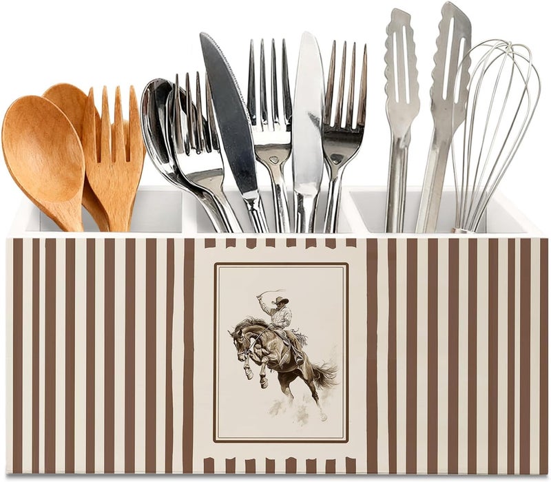 KBRCT Western Cowboy Wooden Utensils Holder, Vintage Southwestern Country Rodeo Brown Striped Wood Cooking Utensil Holder Organizer for Kitchen Countertop Counter Decor - Image 1